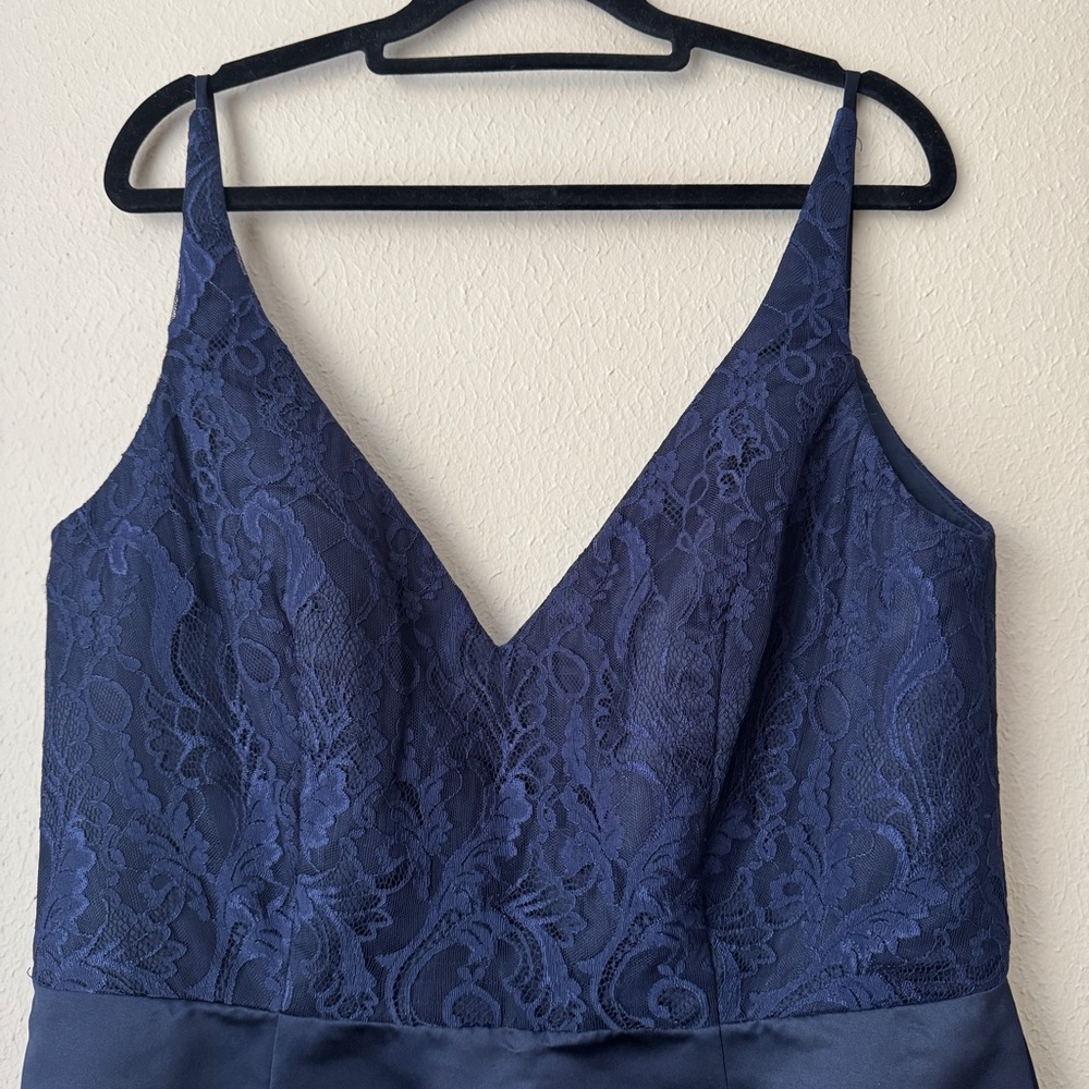 Hayley Paige Occasions V-Neck Blue Satin Lace Sleeveless Maxi Mermaid Dress 14 - Picture 6 of 16